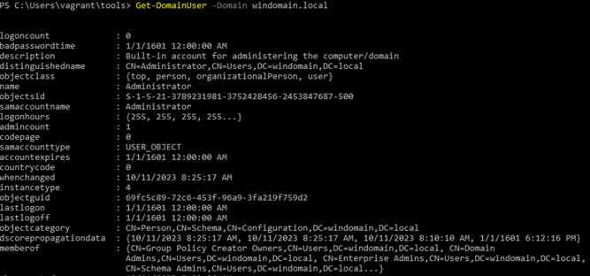 Picture of PowerShell output for Get-DomainUser -Domain windomain.local