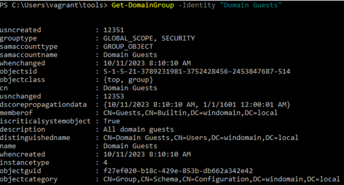 Picture of PowerShell output for "Get-DomainGroup -Identity "Domain Guests"