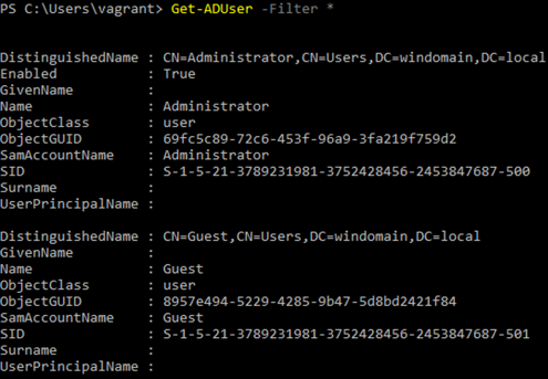 Picture of PowerShell output for Get-ADUser -Filter *
